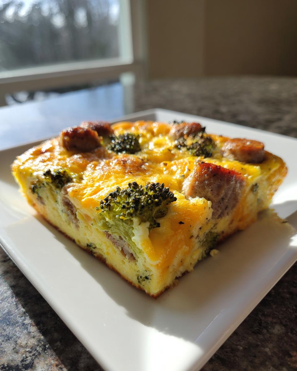 A square slice of fluffy egg bake with sausage and broccoli florets, served on a white plate.