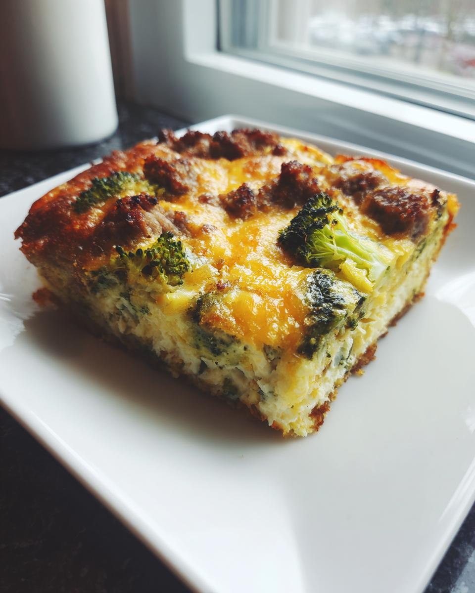 A square slice of fluffy egg bake topped with melted cheddar cheese, sausage crumbles, and visible broccoli florets.