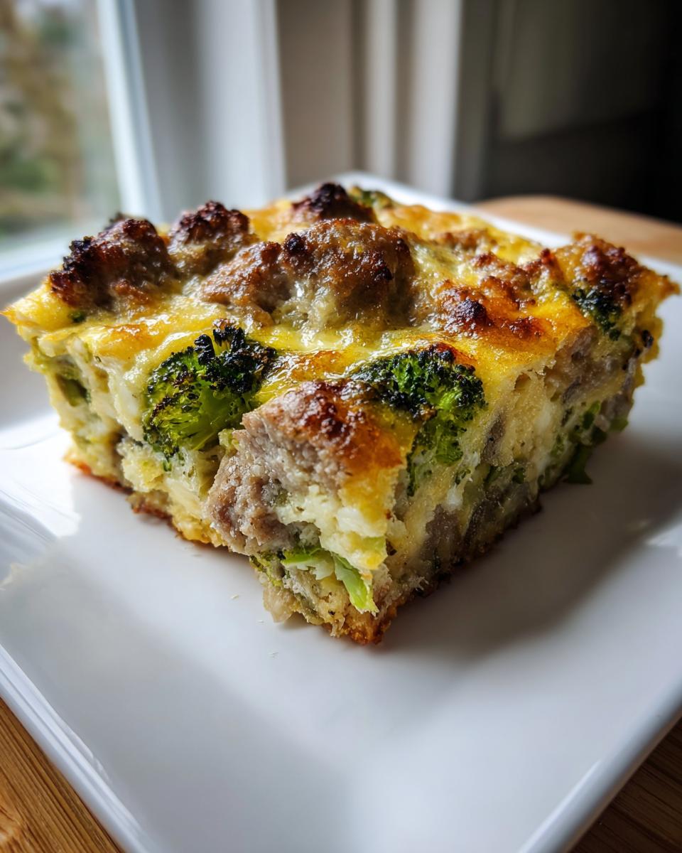 A close-up of a square slice of fluffy egg bake with sausage and broccoli, featuring a golden-brown top.