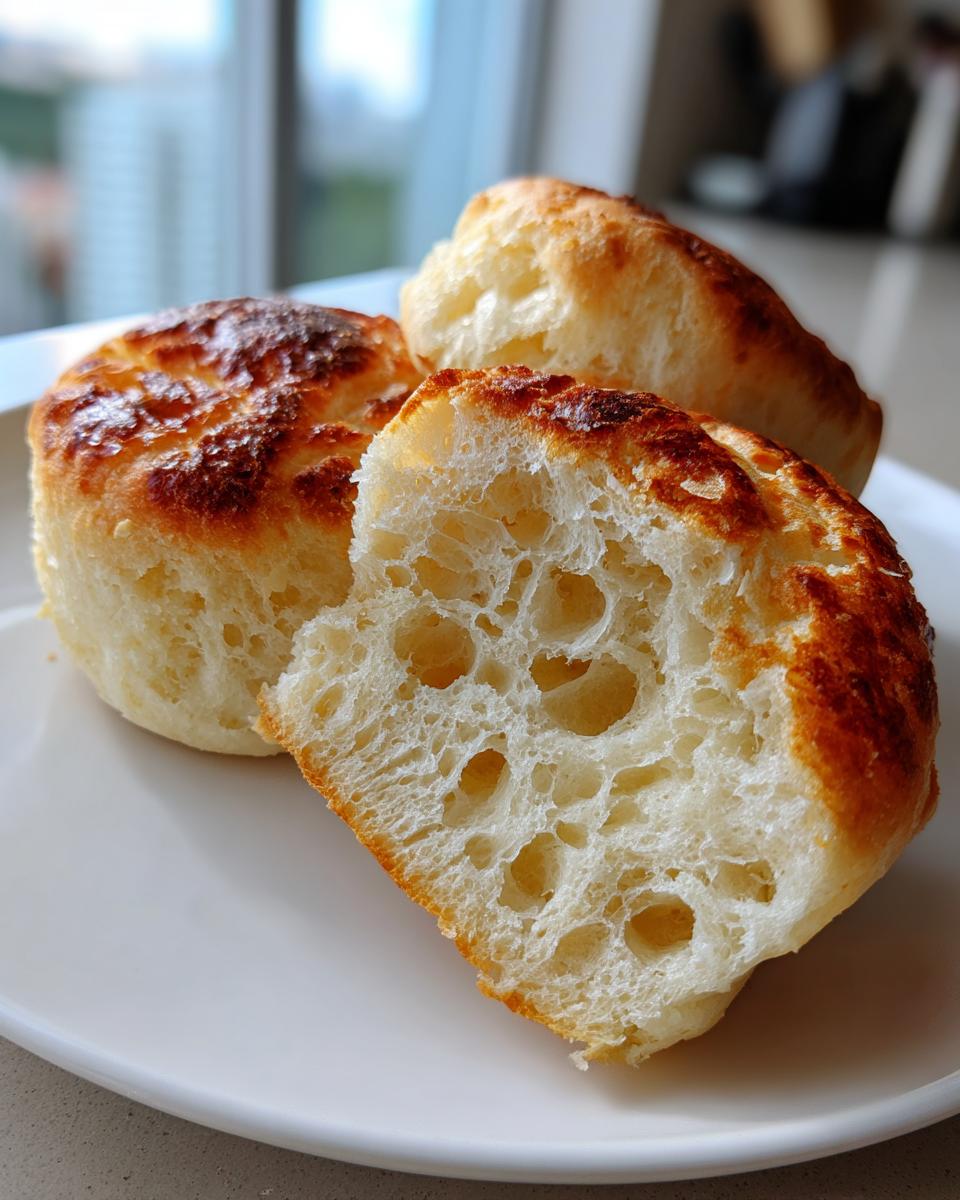 Close-up of homemade English muffins, one split open showing the signature airy, hole-filled crumb structure.