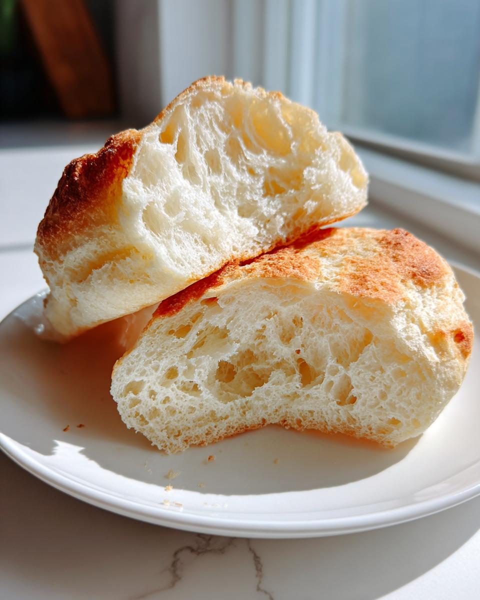 Close-up of homemade English muffins split open, showing a very airy, craggy interior texture.