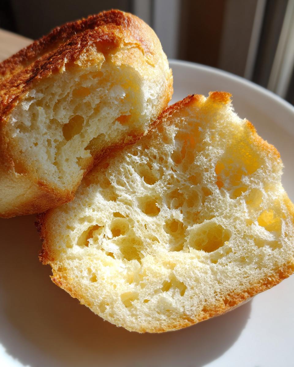 Close-up of homemade english muffins split open, showing the characteristic airy, hole-filled texture.