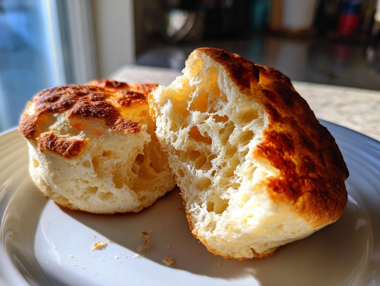 Close-up of homemade English muffins split open, showing a very open, craggy, and fluffy interior texture.