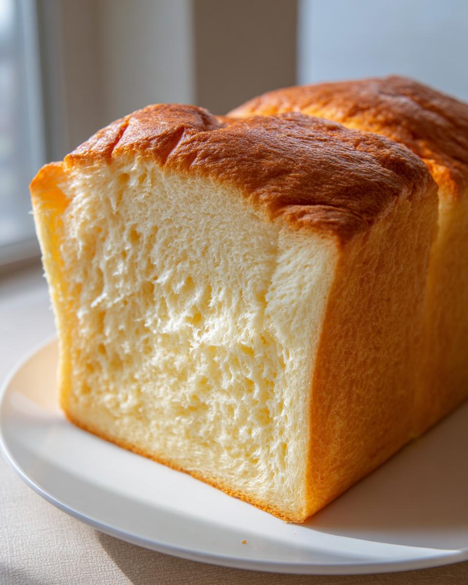 A close-up view showing the incredibly soft, fluffy interior (crumb) of a freshly baked loaf of japanese milk bread.