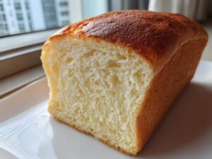 A close-up, vertical slice of a perfectly baked japanese milk bread loaf showing its soft, airy interior and golden-brown crust.