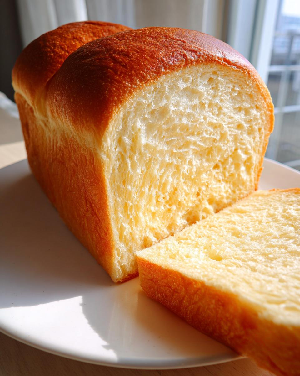 Close-up of a freshly baked Japanese milk bread loaf with one slice cut, showing its soft, fluffy interior.