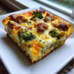 A satisfying square slice of fluffy egg bake with sausage, melted cheese, and bright green broccoli florets.
