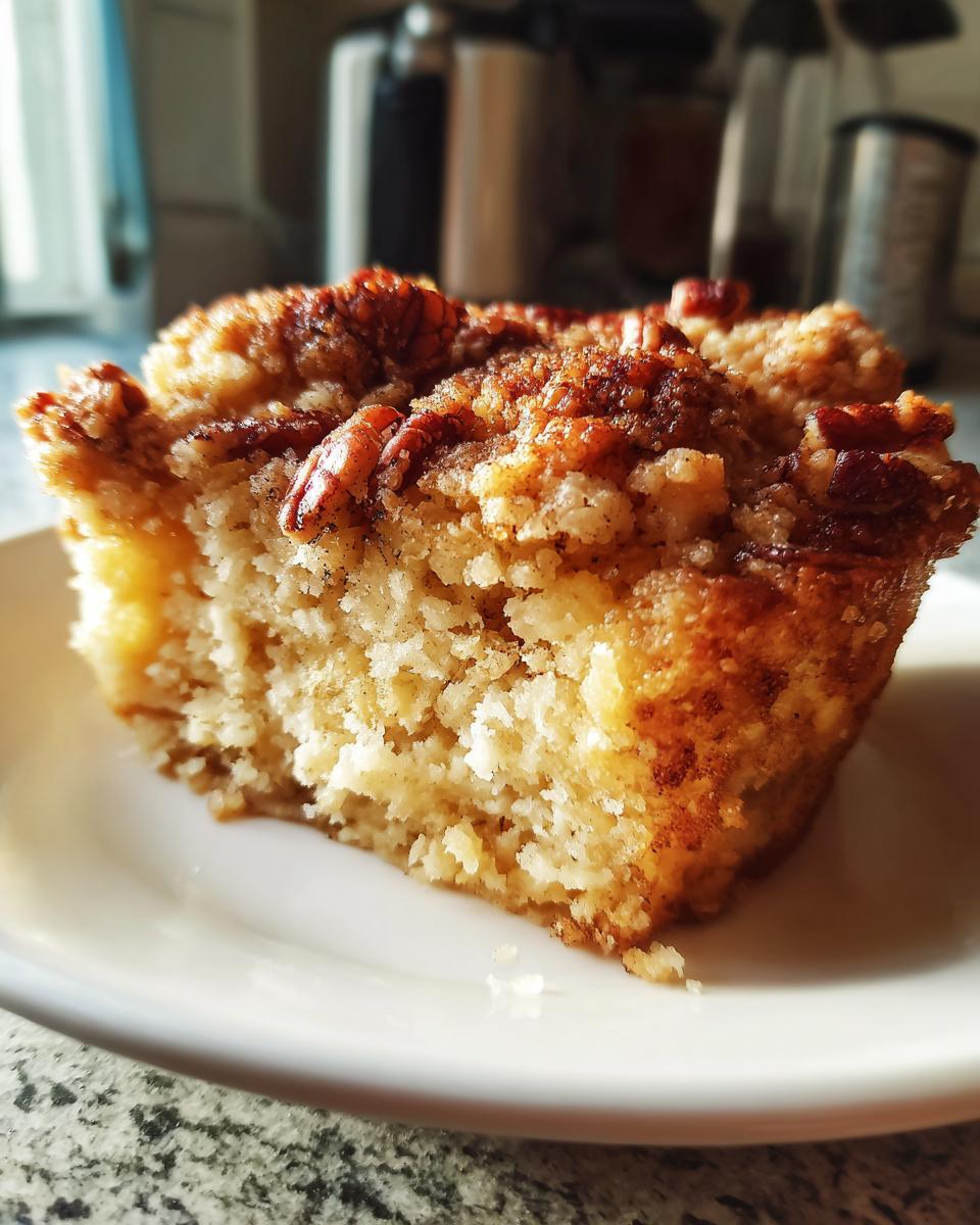 Close-up of a fluffy slice of sweet potato souffle topped with brown sugar crumble and pecans.