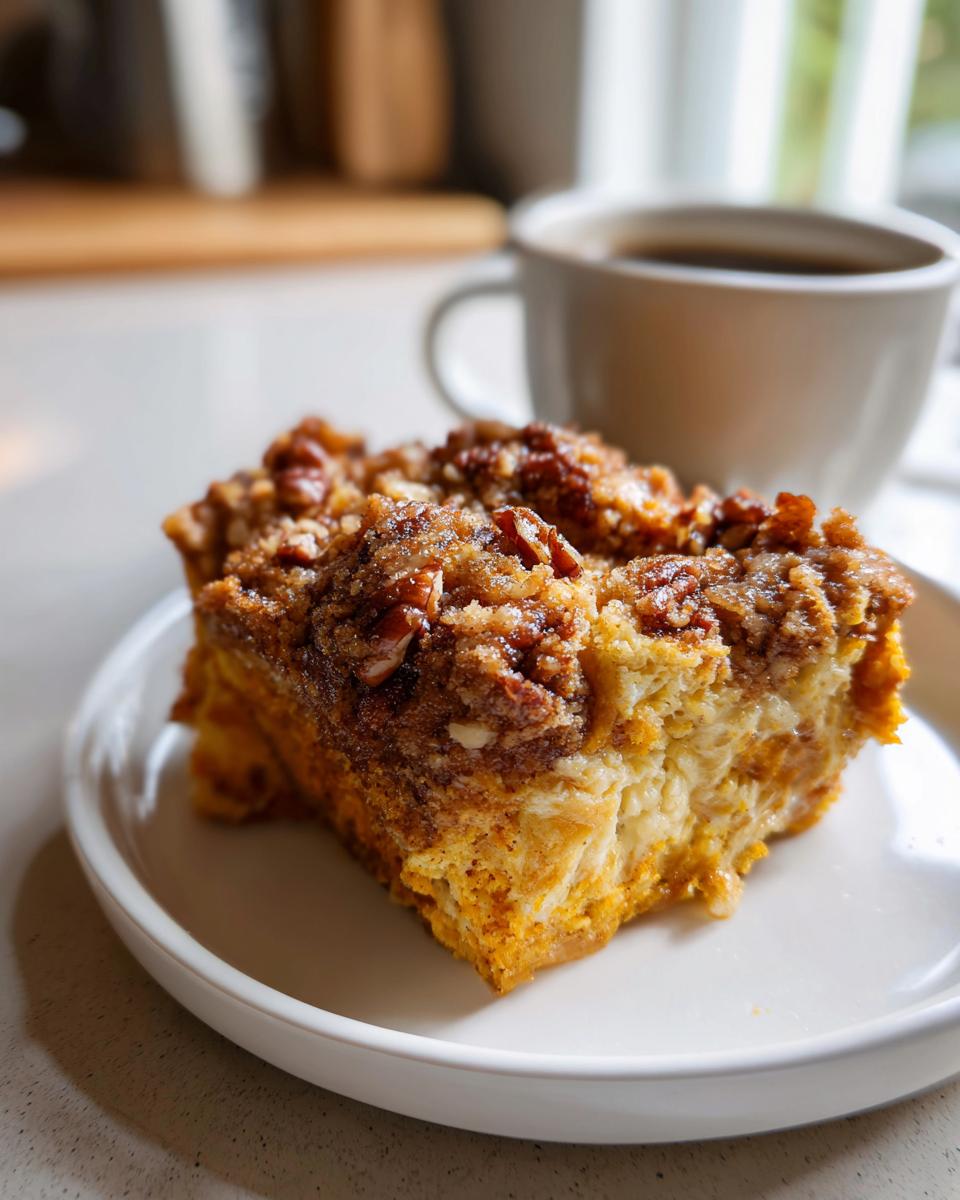 A slice of fluffy sweet potato souffle topped with a crunchy pecan streusel, served with coffee.