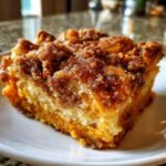 A close-up of a moist slice of sweet potato souffle topped with a rich, sugary crumble topping.
