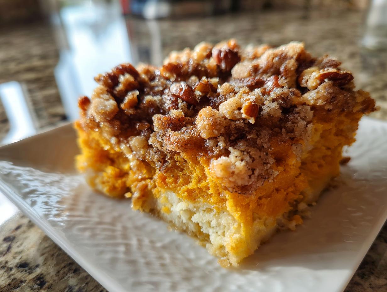 A close-up of a slice of fluffy sweet potato souffle topped with a crunchy pecan streusel.