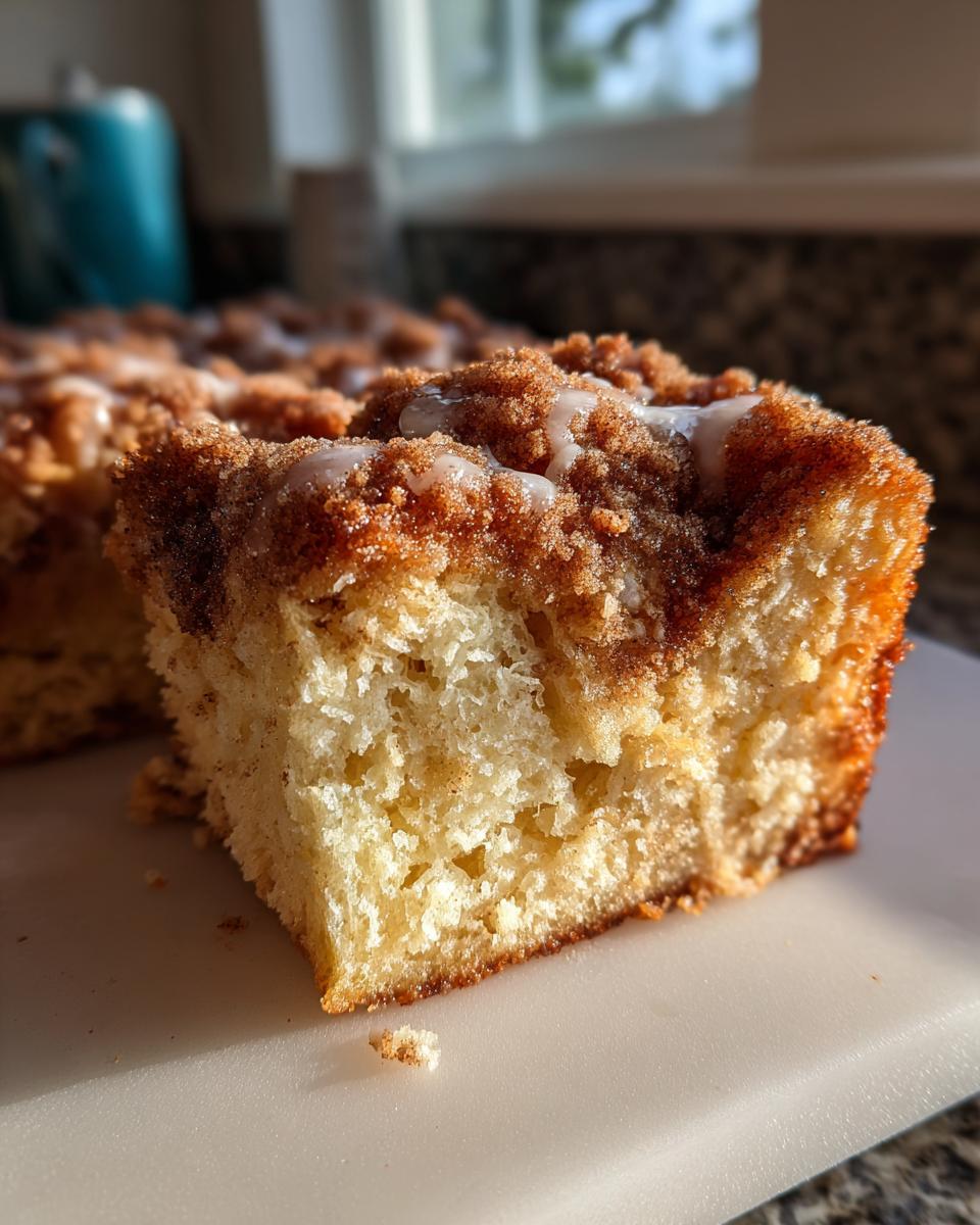 Close-up of a square slice of French toast casserole topped with cinnamon streusel and white glaze.