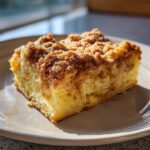 A close-up of a square slice of moist french toast casserole topped with a thick cinnamon streusel.