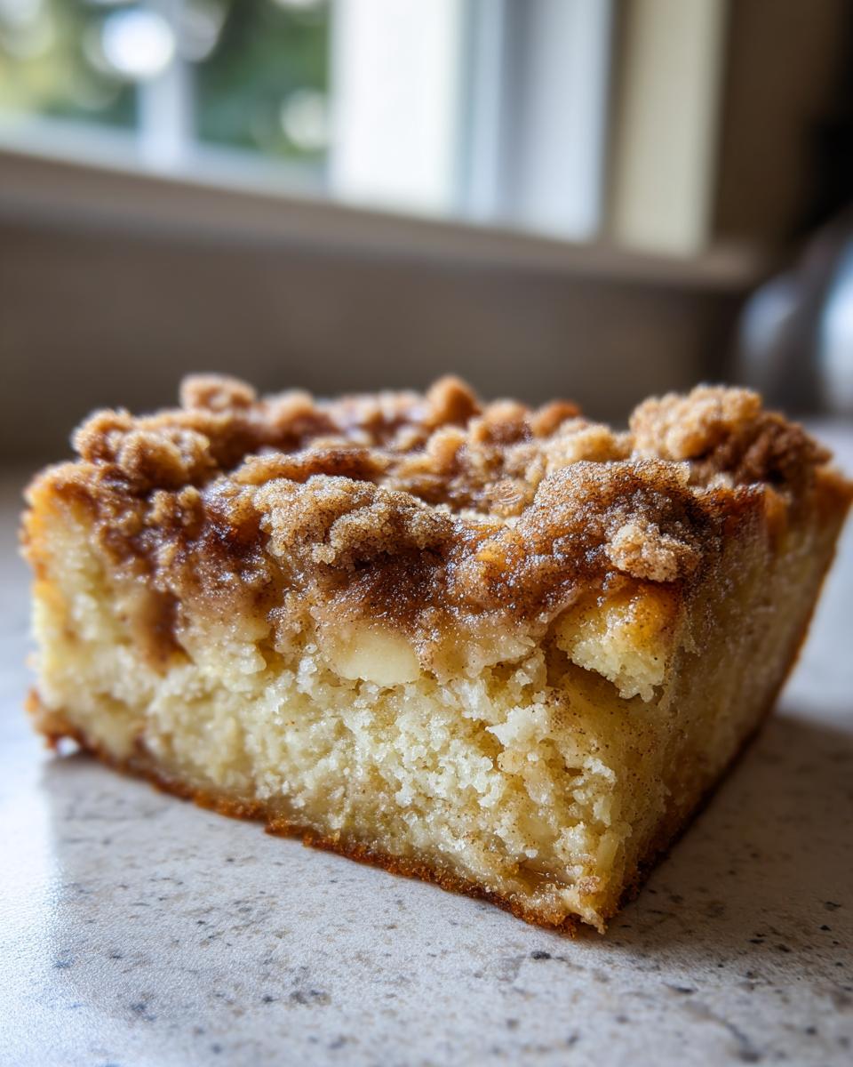 Close-up of a square slice of French toast casserole featuring a fluffy interior and a thick, sugary cinnamon streusel topping.