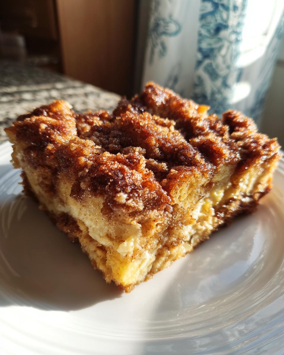 Close-up of a square serving of French toast casserole with a rich, brown cinnamon streusel topping on a white plate.