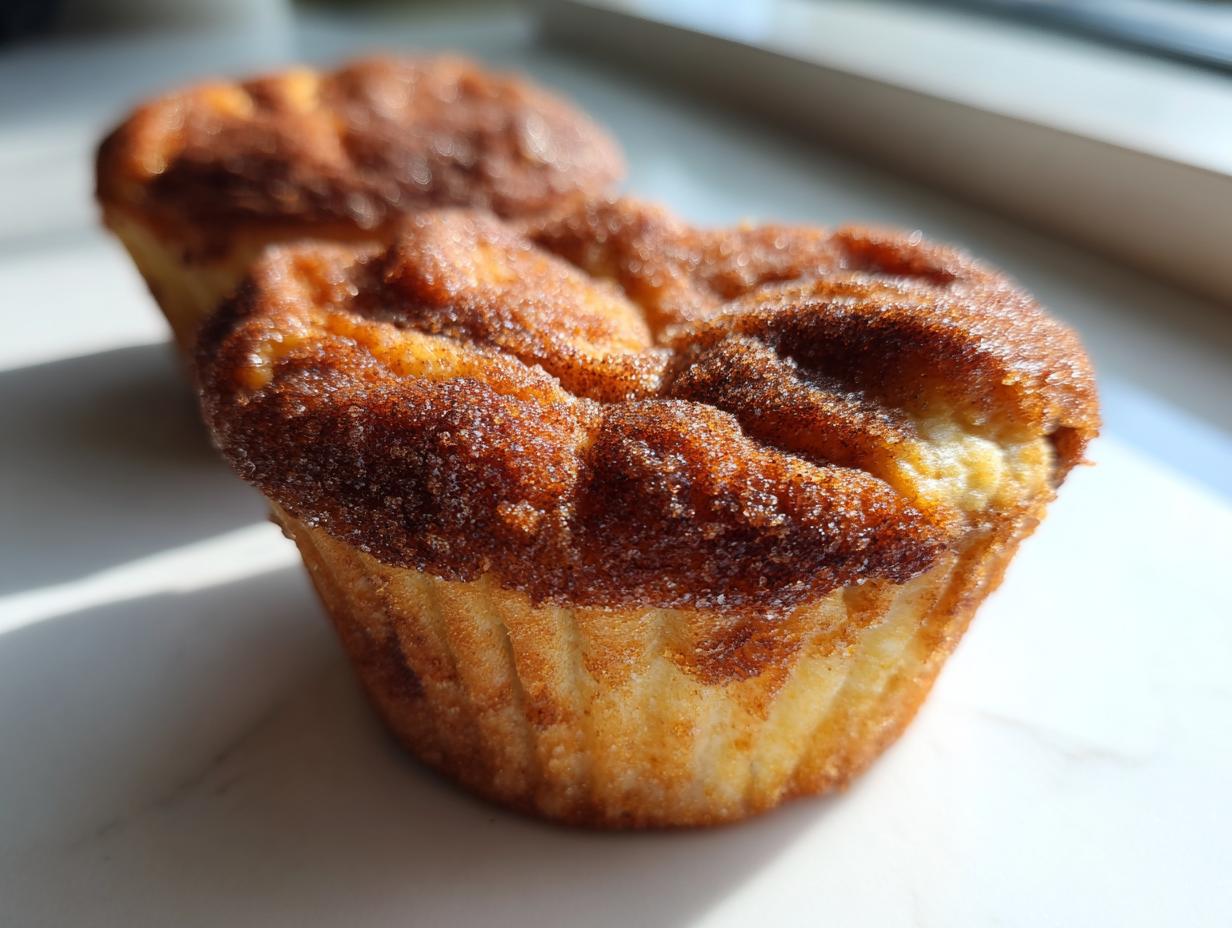 A close-up of a freshly baked french toast muffin topped with a thick layer of cinnamon sugar.