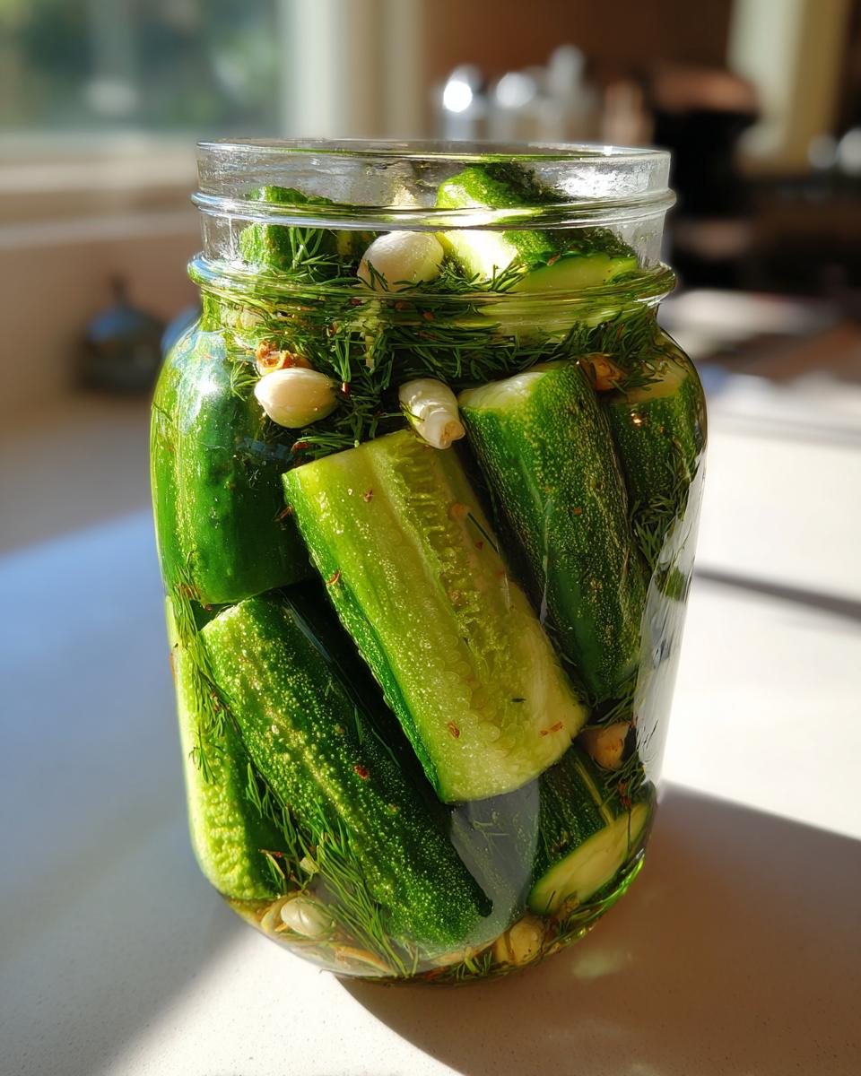 Close-up of fresh cucumbers packed tightly in a glass jar with dill and garlic cloves for refrigerator pickles.