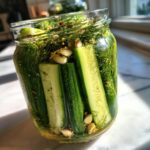 Close-up of fresh cucumber spears being made into refrigerator pickles with dill, garlic cloves, and spices.