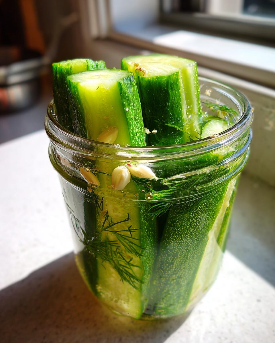 Close-up of crisp cucumber spears being made into refrigerator pickles with dill and garlic cloves in a glass jar.