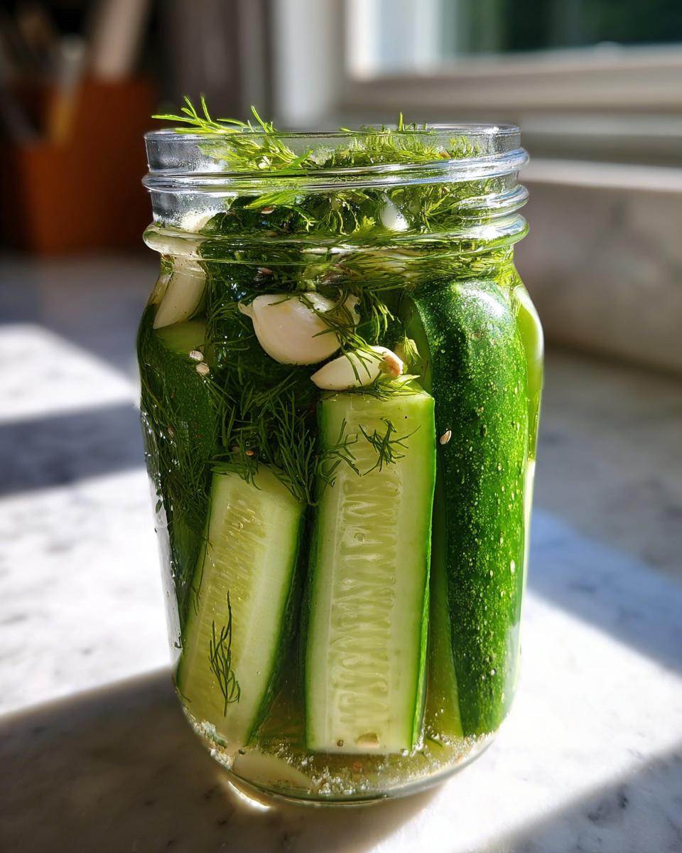 Close-up of fresh cucumber spears being made into refrigerator pickles with garlic and fresh dill in a glass jar.