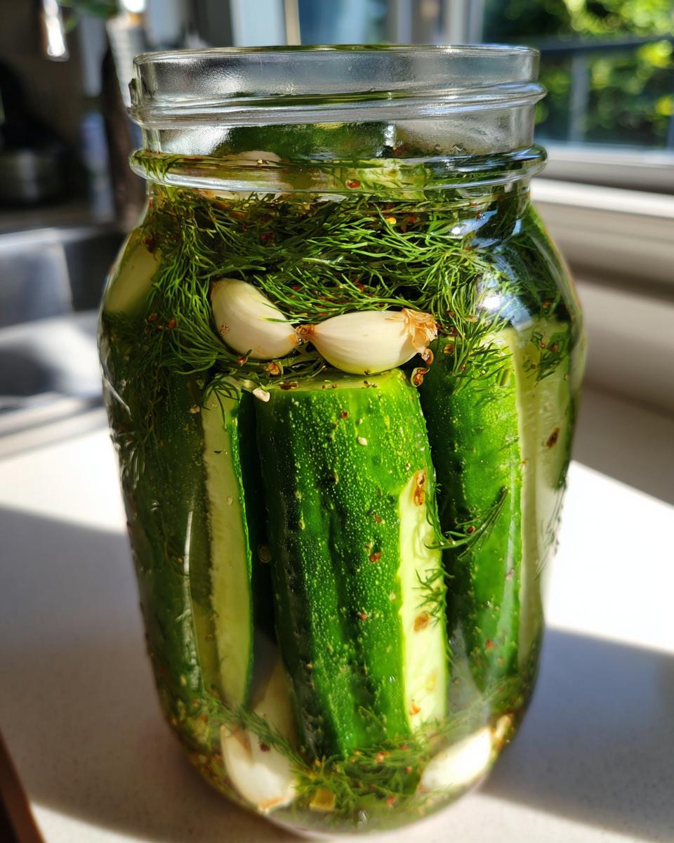 Close-up of fresh cucumbers being prepared as refrigerator pickles in a glass jar with dill and garlic cloves.