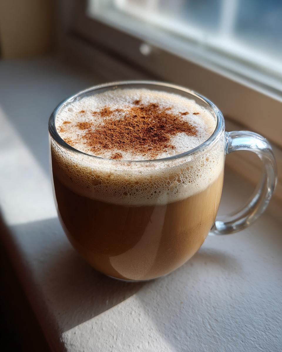 A glass mug filled with creamy, frothy coquito topped generously with ground cinnamon, sitting in sunlight.