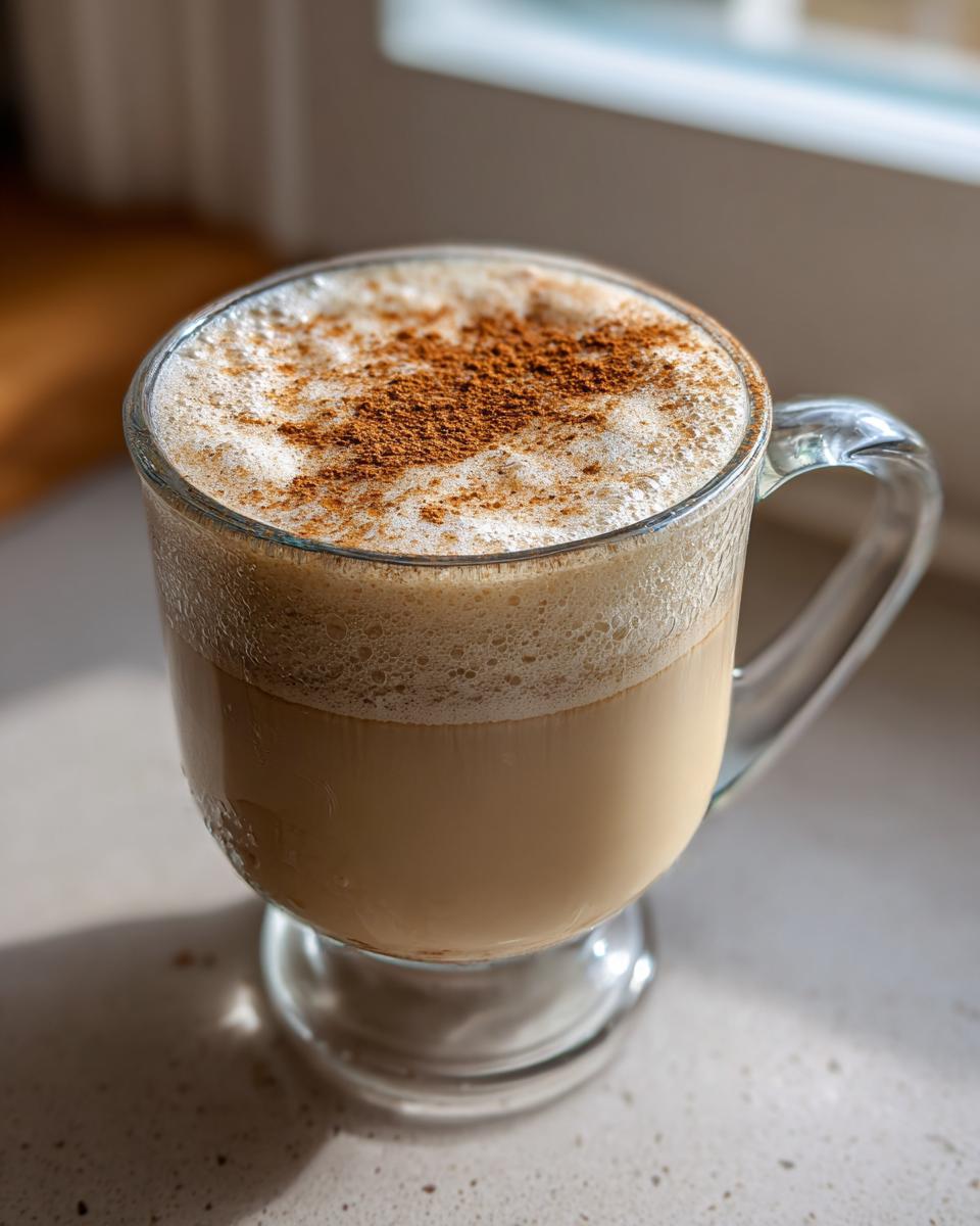 A glass mug filled with creamy, frothy coquito, dusted generously with ground cinnamon on top.
