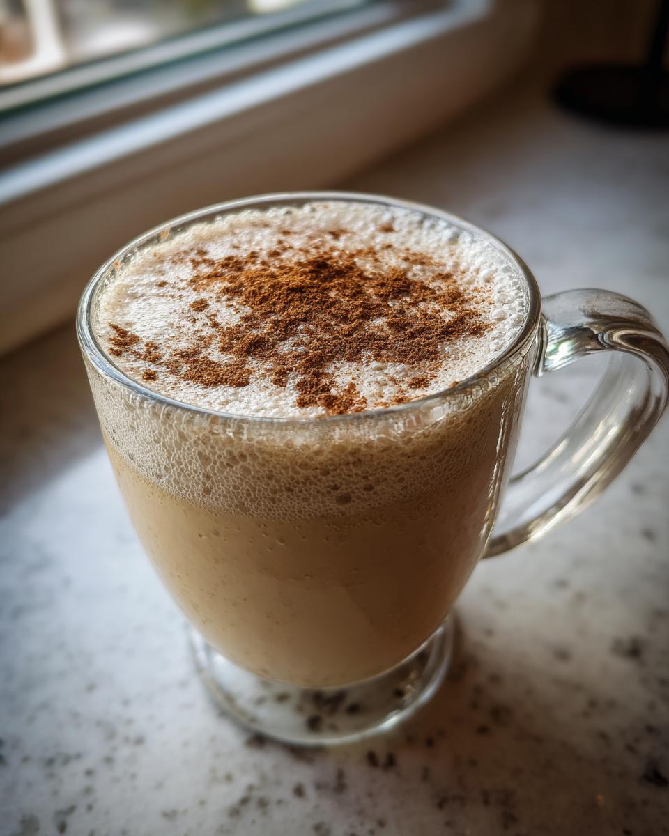 A glass mug filled with creamy coquito, topped with thick foam and a dusting of cinnamon.