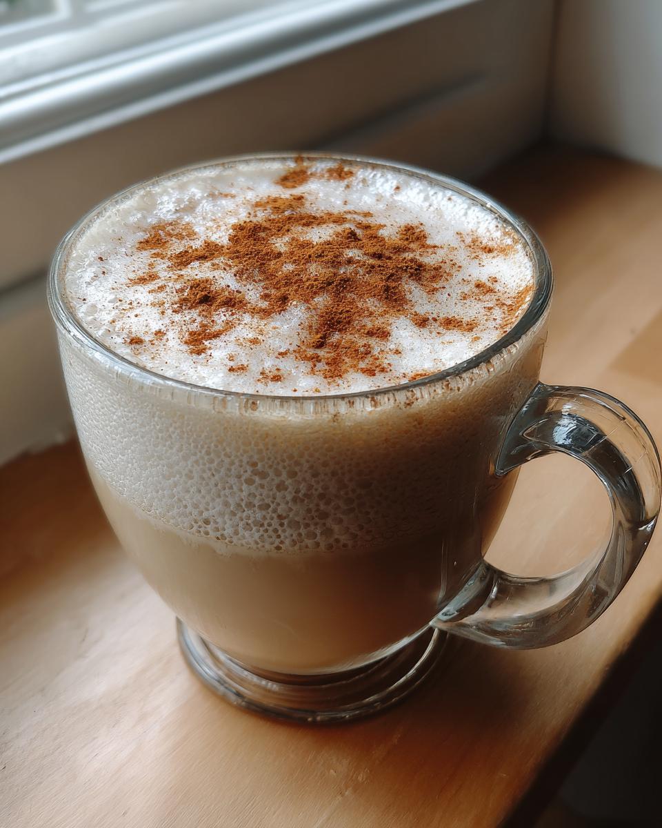 A clear glass mug filled with creamy coquito topped with thick foam and sprinkled with cinnamon.