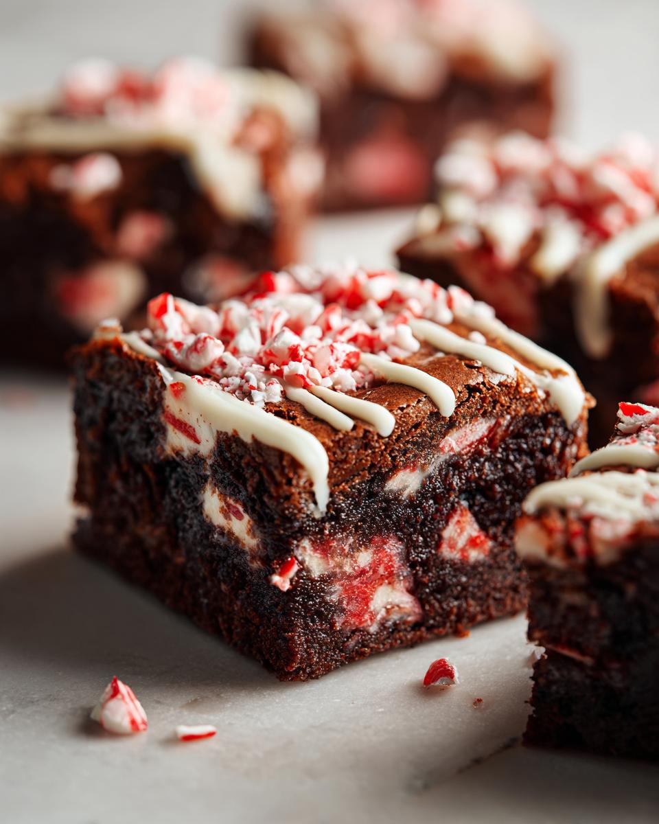 Close-up of a fudgy candy cane brownie square topped with white chocolate drizzle and crushed candy canes.