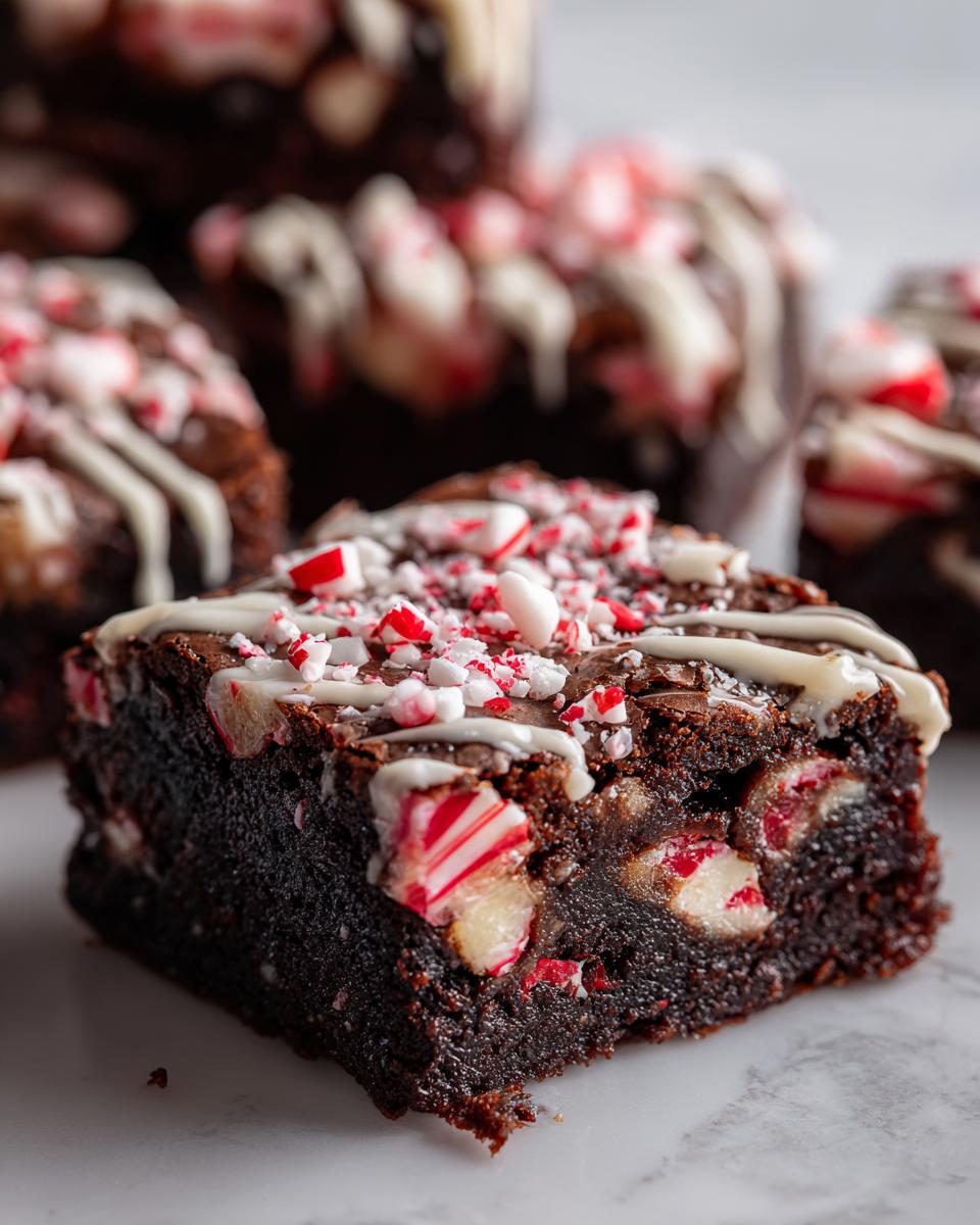 Close-up of a fudgy candy cane brownie square topped with white chocolate drizzle and crushed peppermint.