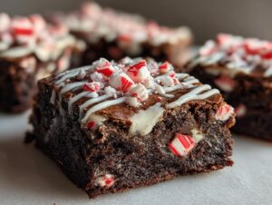 Close-up of a fudgy candy cane brownie topped with white drizzle and crushed peppermint candy.