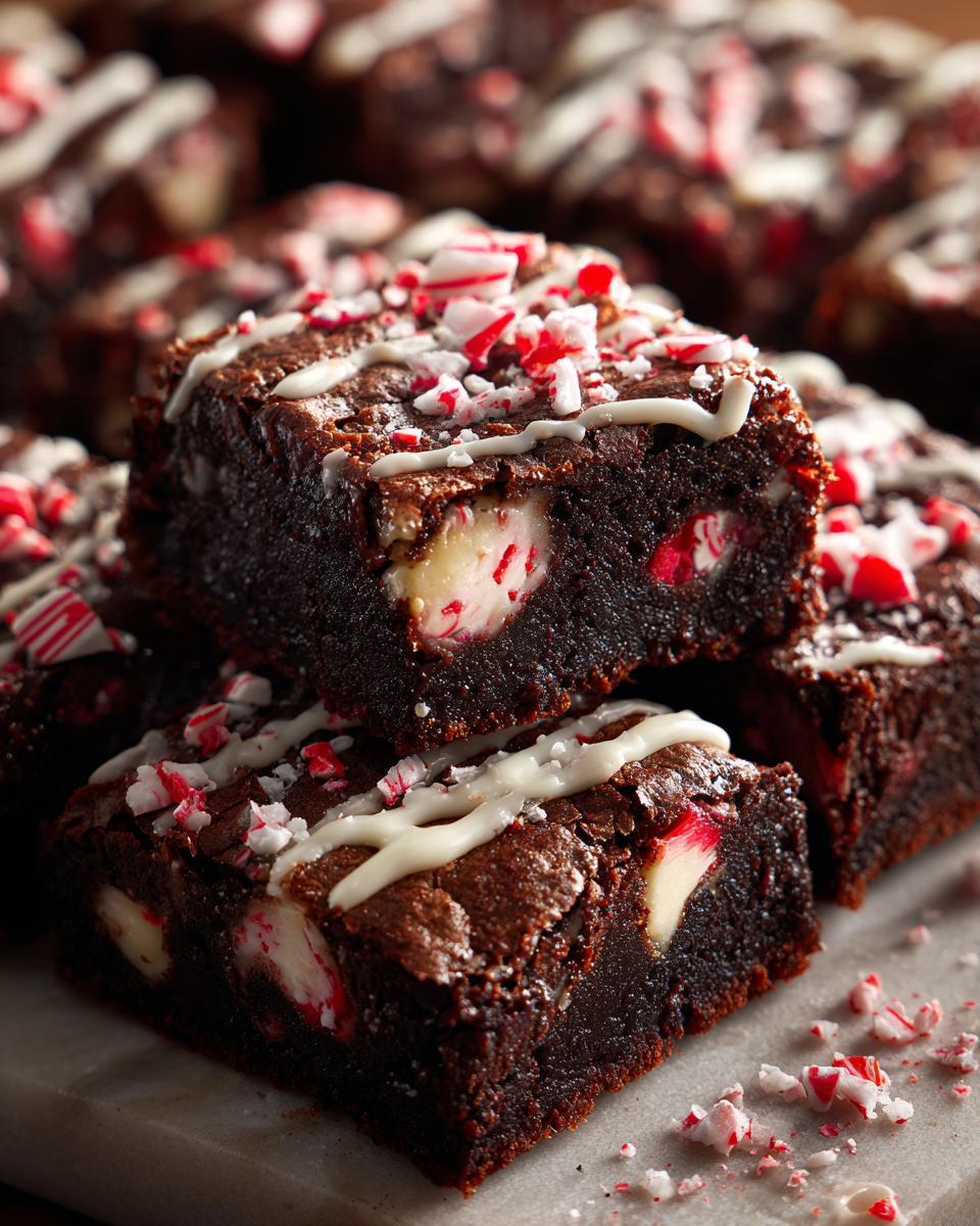 Close-up of fudgy candy cane brownies stacked, topped with white icing drizzle and crushed candy canes.