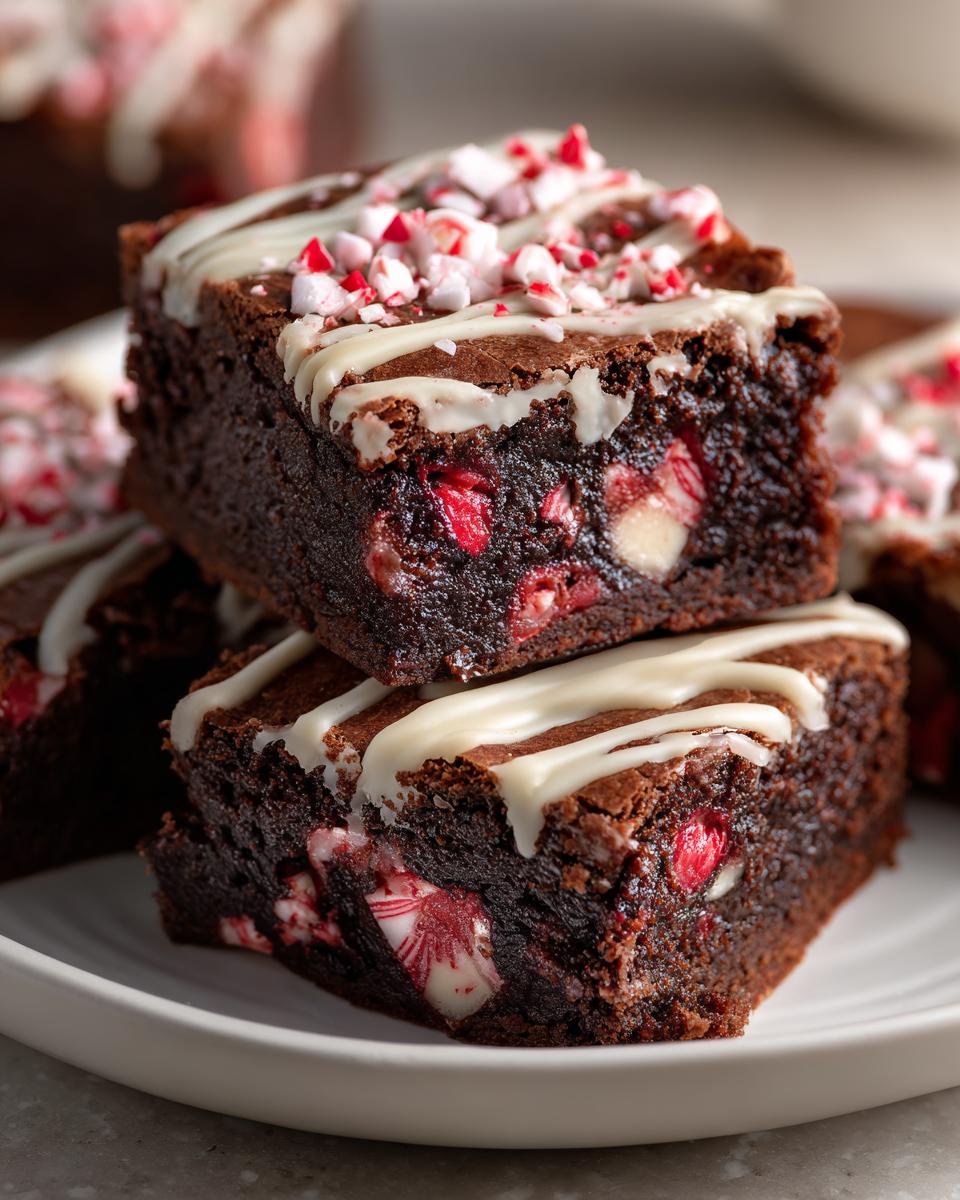 Two fudgy candy cane brownies stacked, drizzled with white chocolate and topped with crushed peppermint.