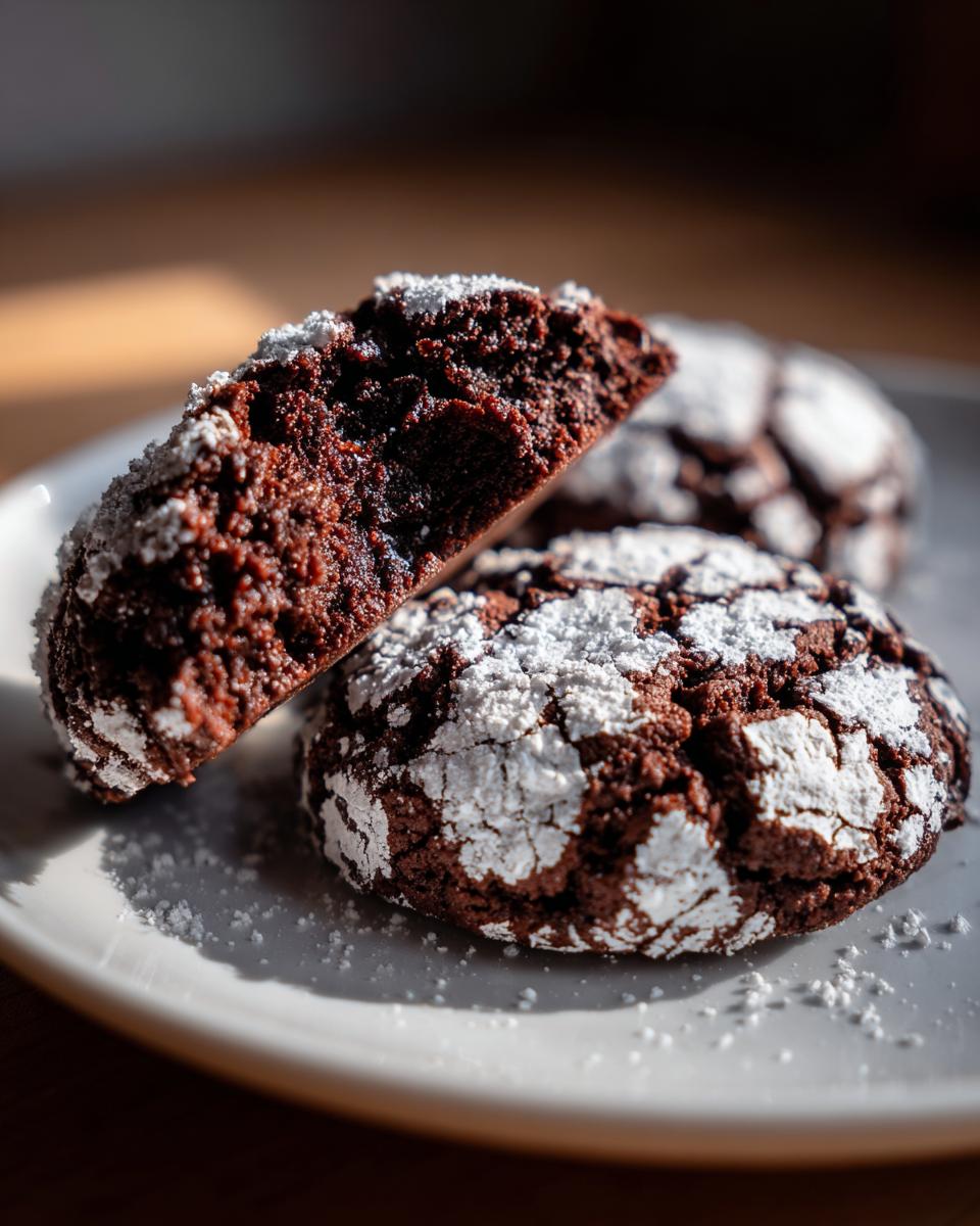 Close-up of fudgy chocolate crinkle cookies dusted heavily with powdered sugar, one cookie is broken open.