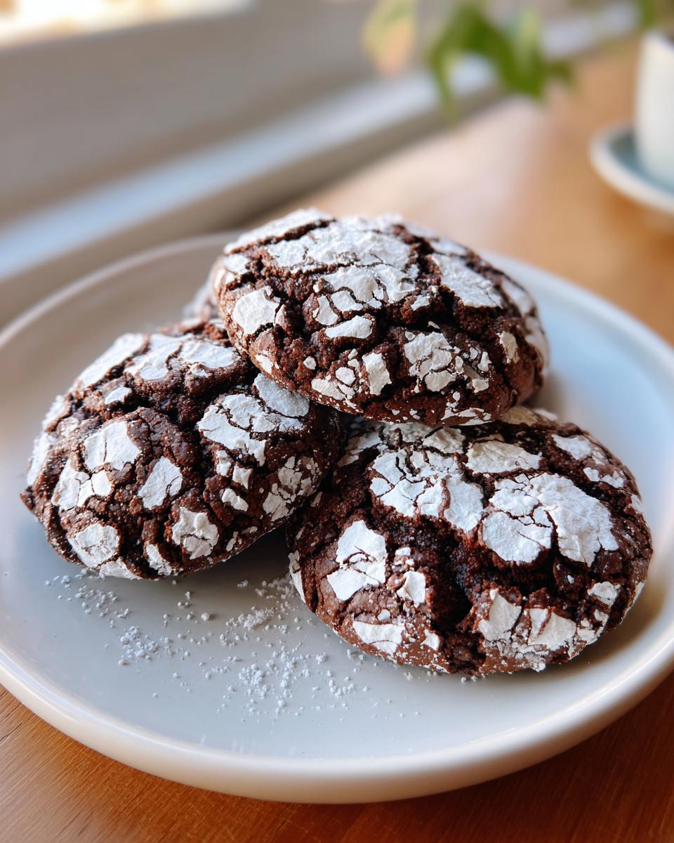 Close-up of three fudgy chocolate crinkle cookies dusted heavily with powdered sugar.