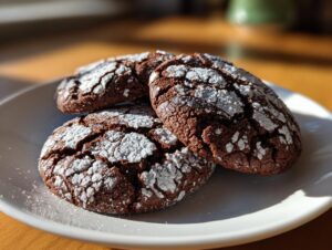 Three rich, dark chocolate crinkle cookies dusted heavily with powdered sugar, sitting on a white plate.
