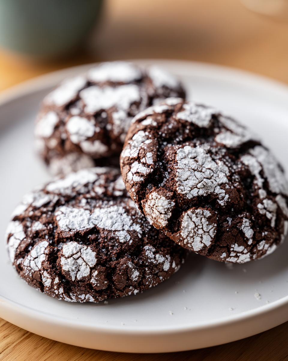 Three fudgy chocolate crinkle cookies heavily dusted with powdered sugar on a white plate.