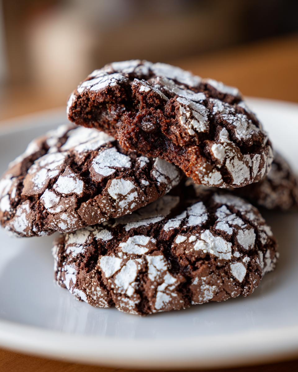 Close-up of fudgy chocolate crinkle cookies stacked on a white plate, one cookie is broken open.