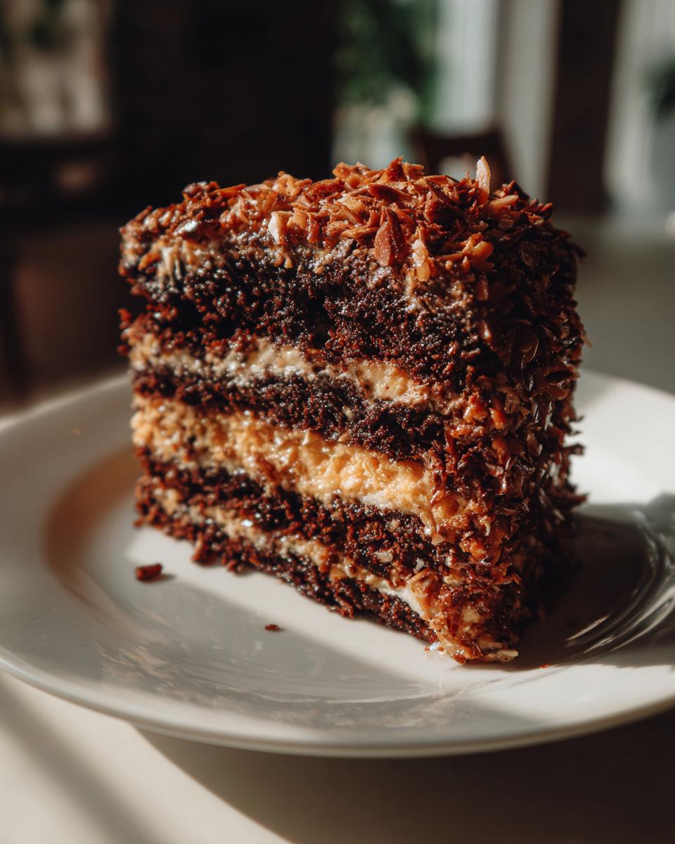 A tall, decadent slice of german chocolate cake recipe with dark layers and coconut pecan frosting.
