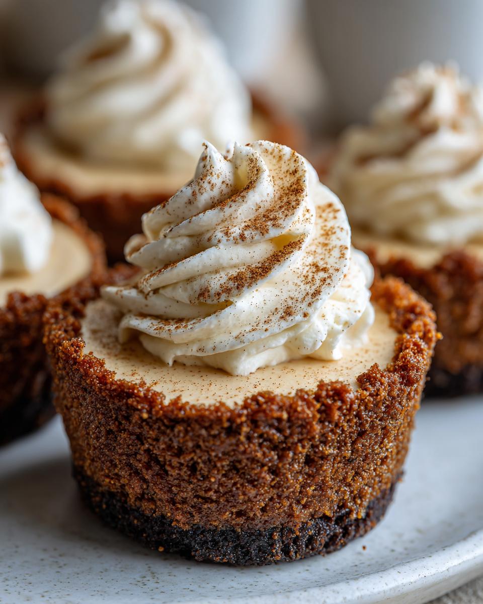 A close-up of one perfect gingerbread cheesecake cup topped with piped whipped cream and a dusting of cinnamon.
