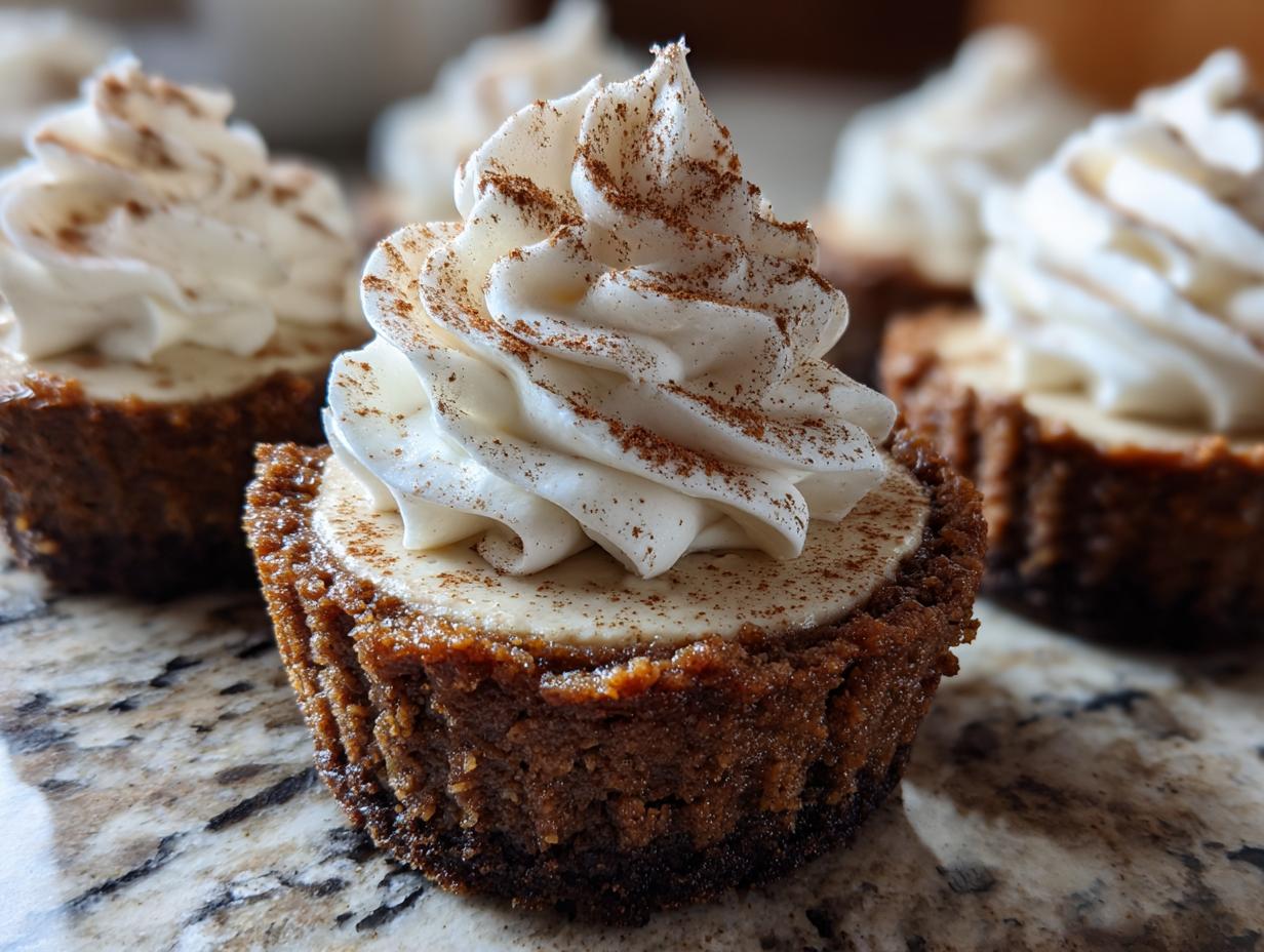Close-up of a single gingerbread cheesecake cup topped with piped whipped cream and a dusting of cinnamon.