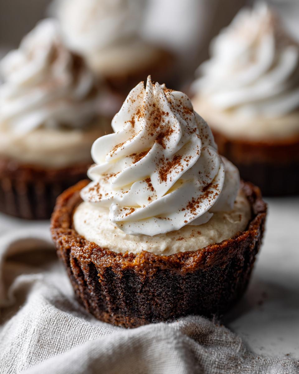 A close-up of one perfect gingerbread cheesecake cup topped with swirled whipped cream and a dusting of cinnamon.