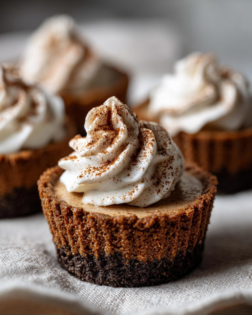 A close-up of one of the delicious gingerbread cheesecake cups topped with a swirl of whipped cream and cinnamon.