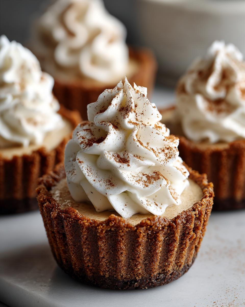 Close-up of a single gingerbread cheesecake cup topped with a swirl of whipped cream and cinnamon.