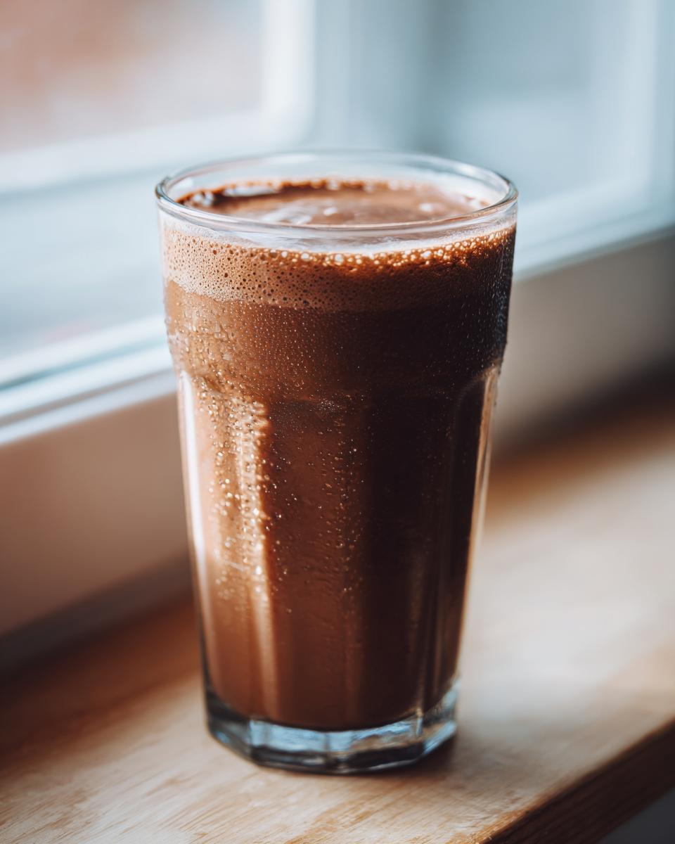A tall, sweating glass filled with rich, frothy homemade chocolate milk sitting on a wooden windowsill.