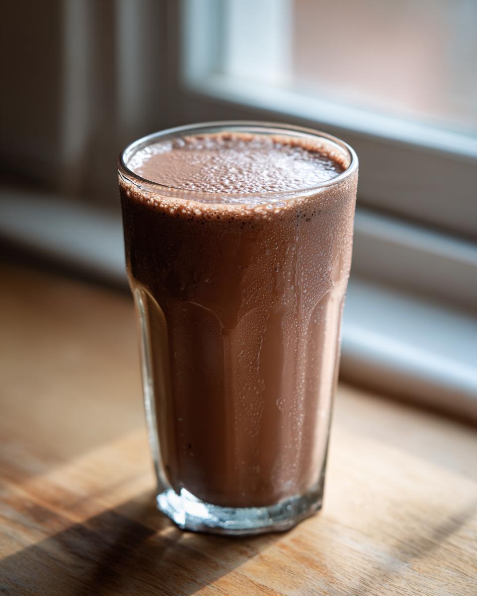 A tall glass filled with freshly made, cold chocolate milk sitting on a wooden surface near a bright window.