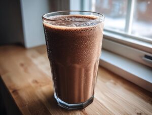 A tall, cold glass of rich chocolate milk sitting on a wooden surface near a bright window.