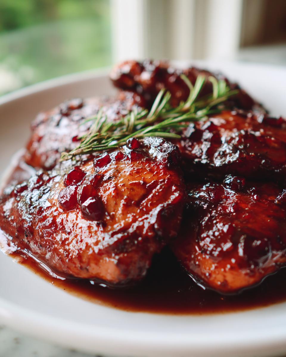 Close-up of juicy cranberry chicken pieces coated in a rich, dark glaze and garnished with fresh rosemary.