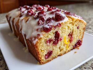 A close-up of a freshly baked cranberry orange bread loaf topped with white glaze and whole cranberries.